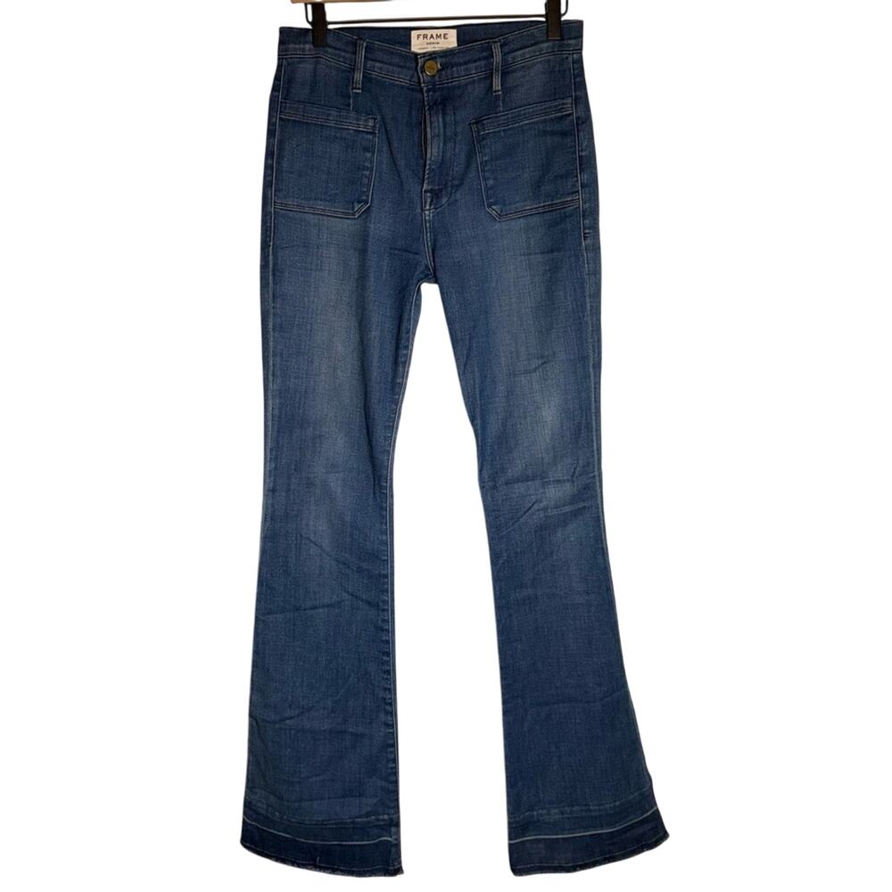 FRAME 70s style designer exposed pocket raw distressed hem flare denim jeans 27